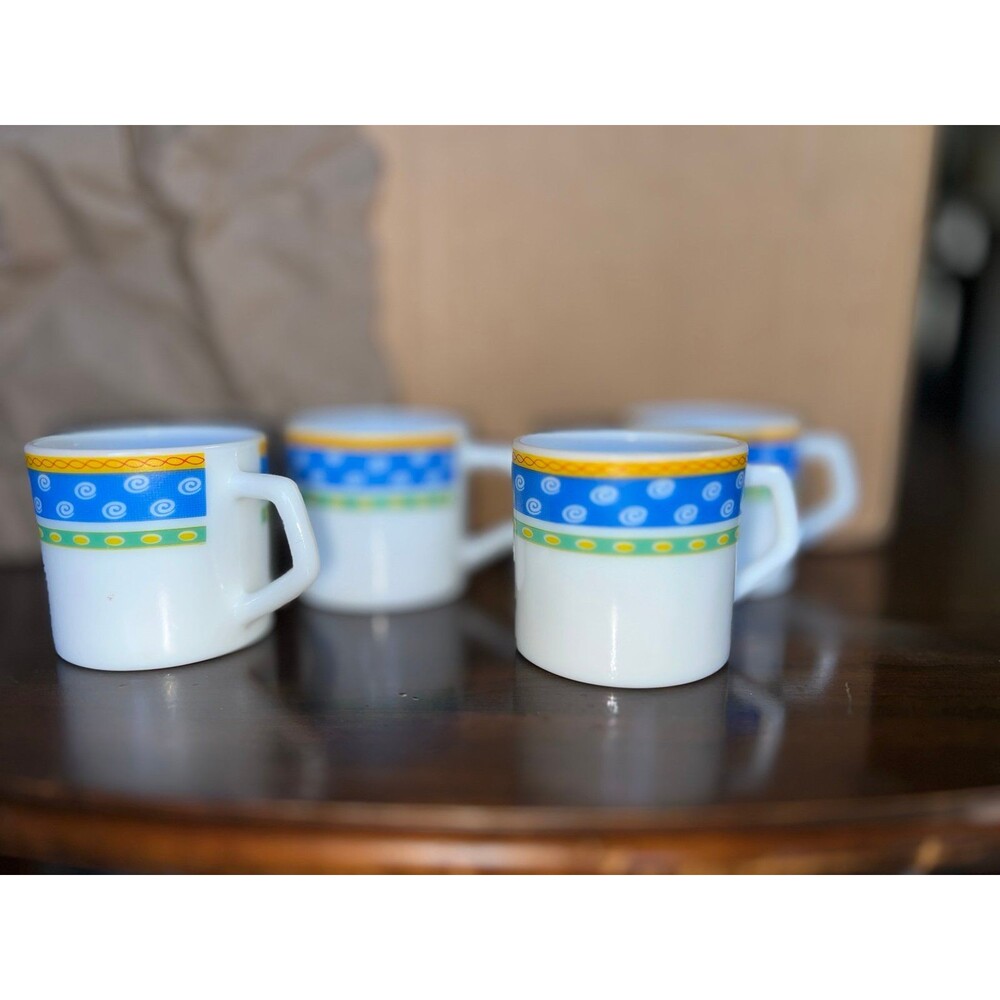 Vintage Milk Glass Mugs Set 4 Diplomat Royal Retro Coffee Cups Blue Band